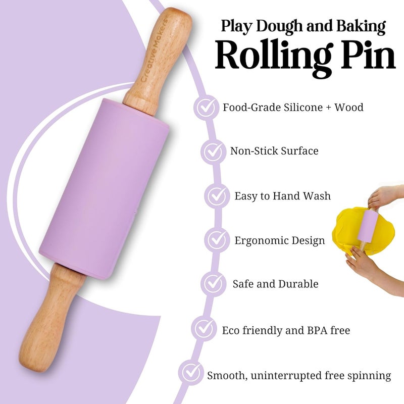 Creative Makers Small Rolling Pin for Kids, Non-Stick Silicone Surface with Wooden Handles for Play Dough and Baking Rolling Pin (Light Purple) - Image 3